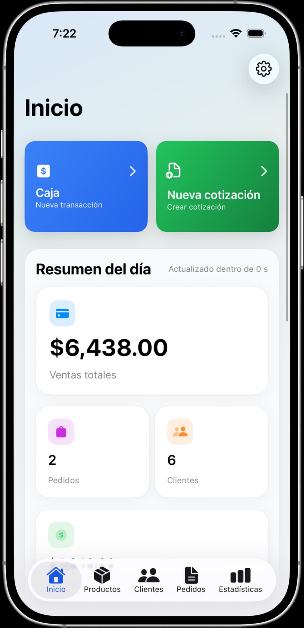 Pantalla de inicio de MiStock con resumen de ventas, pedidos y clientes