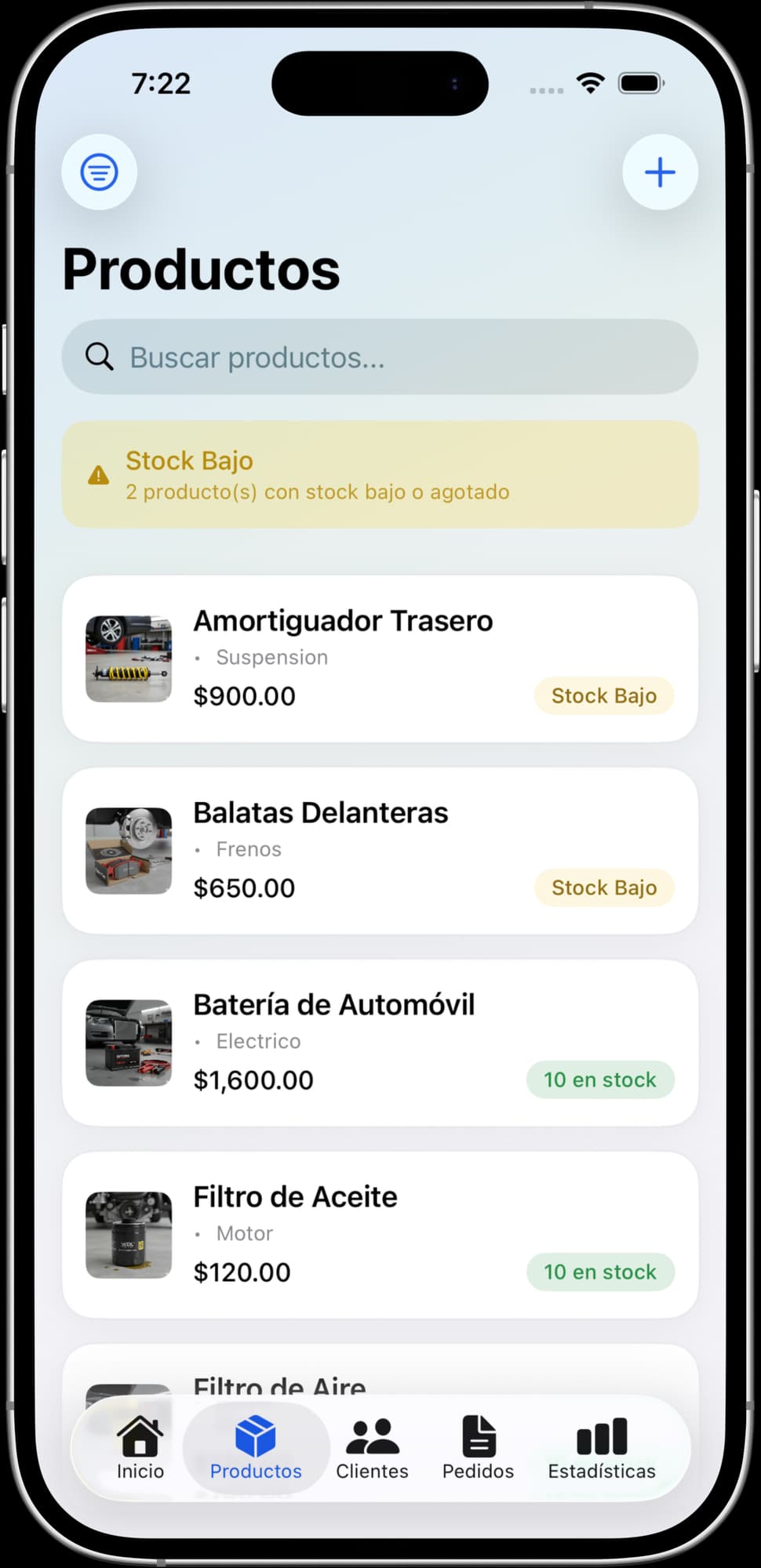 Captura real de MiStock: Productos siempre visibles